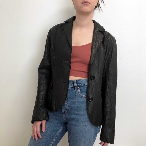 Crinkled Leather Blazer Jacket - Picture 1 of 8